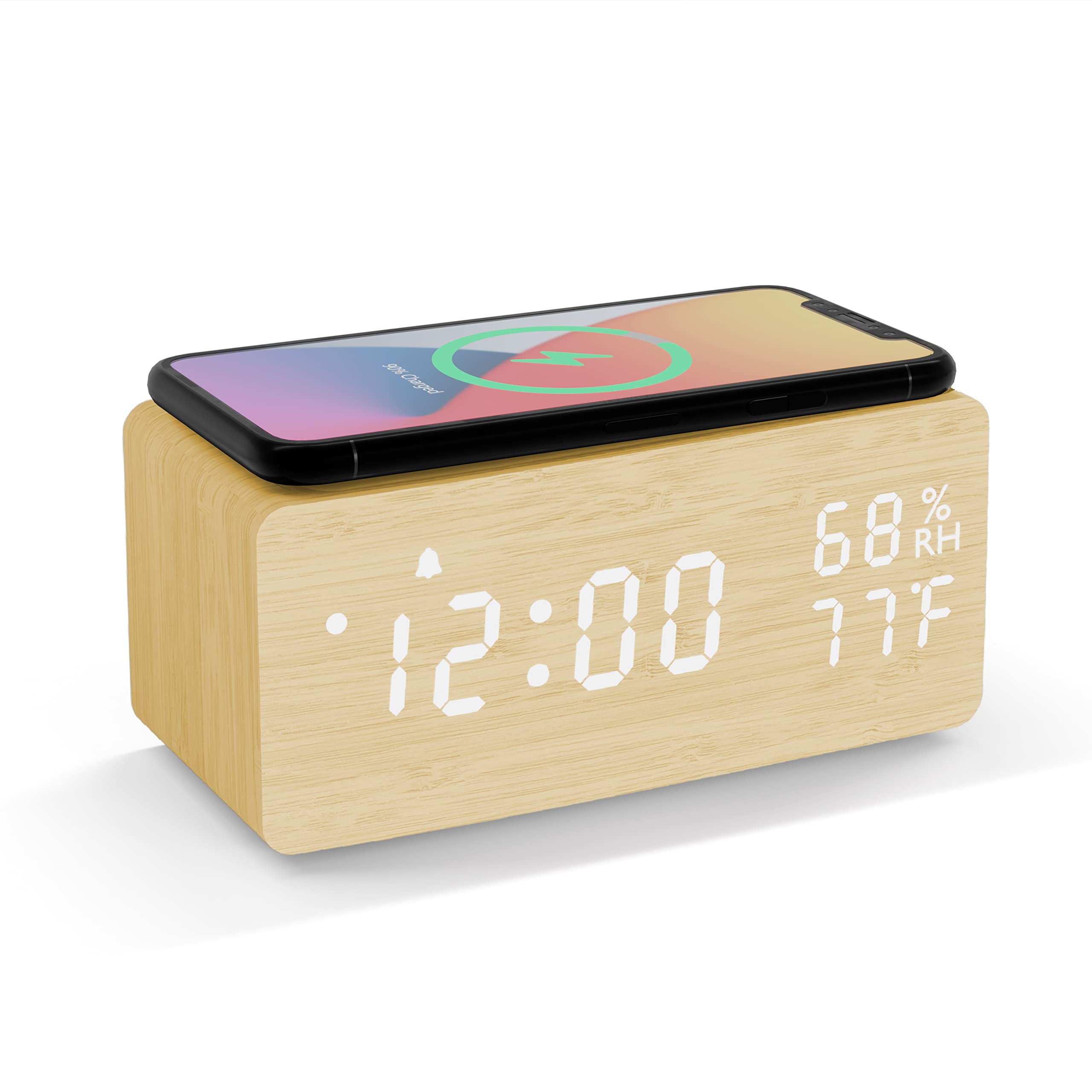 Wooden Digital Alarm Clock with Wireless Charging